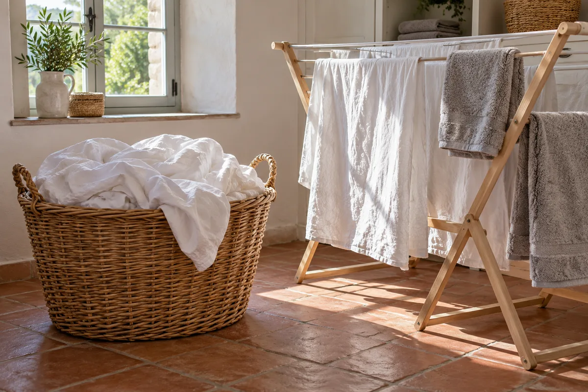 Panier en osier rempli de draps froissés près d’un étendoir en bois dans une buanderie claire