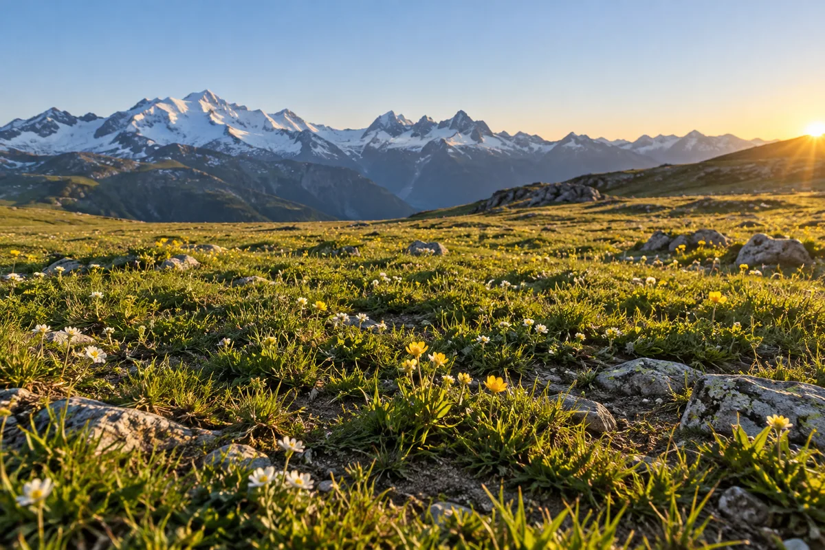 Prairie d’altitude à l’herbe rase parsemée de petites fleurs, sommets enneigés au loin sous un ciel clair au lever du jour