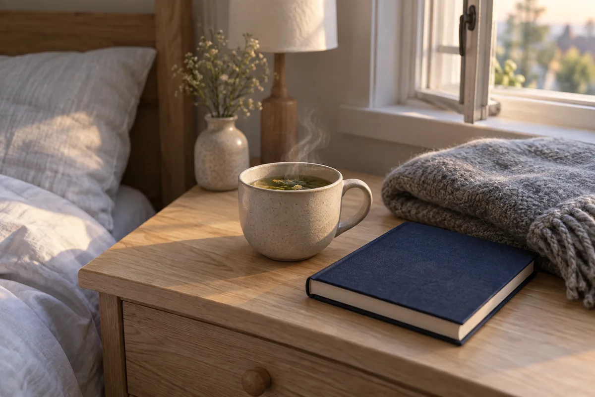 Tasse de tisane fumante en grès posée sur une table de chevet en bois, à côté d’un carnet fermé et d’un plaid en laine plié