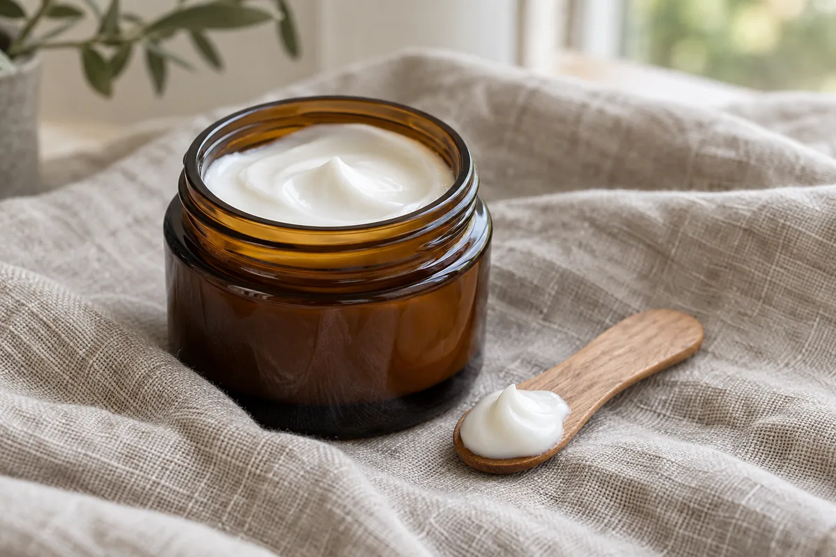 Crème visage en pot de verre ambré ouvert posé sur un linge en lin, spatule en bois à côté