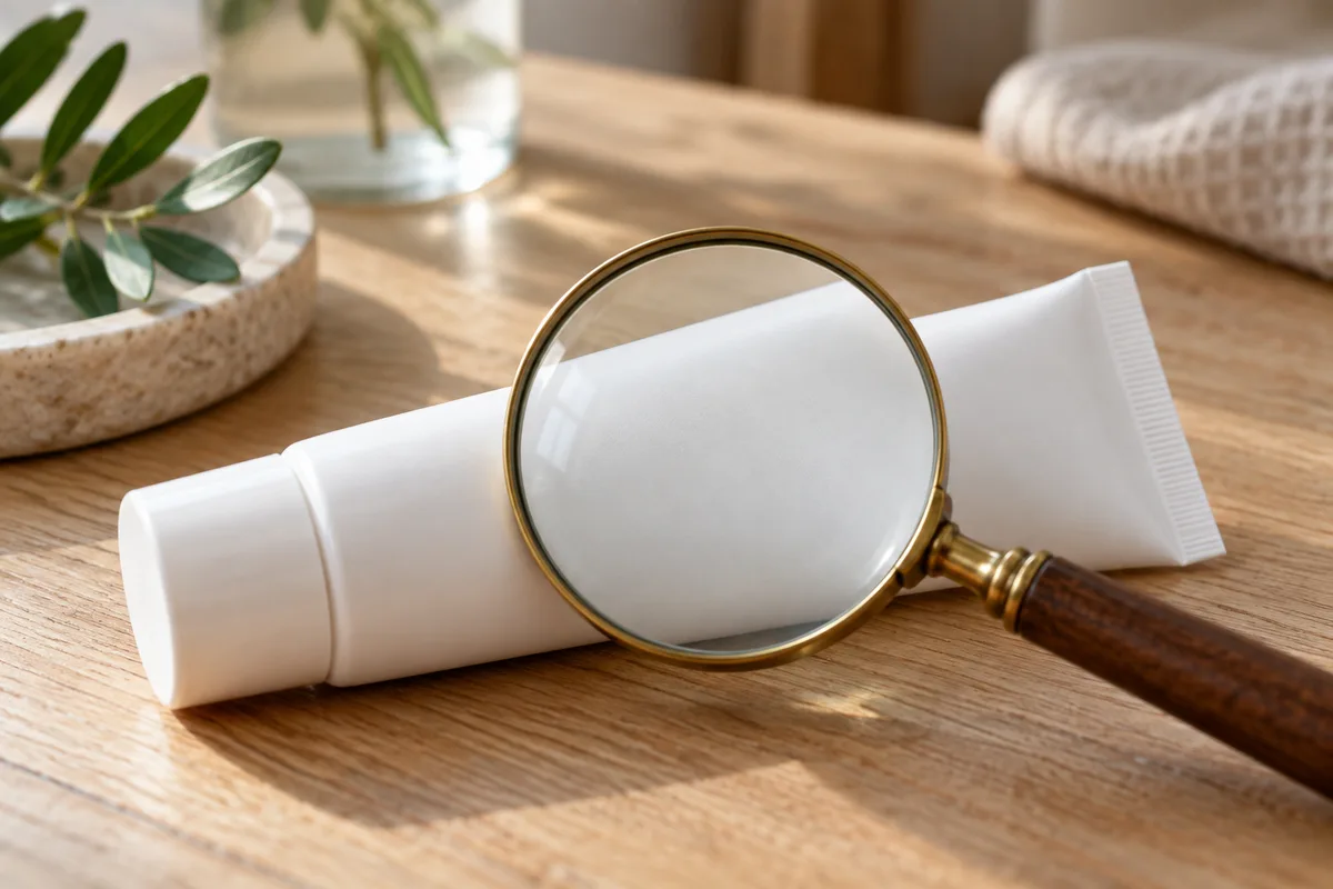 Loupe en laiton posée sur le dos d&rsquo;un tube de crème blanc uni, lumière naturelle de fenêtre