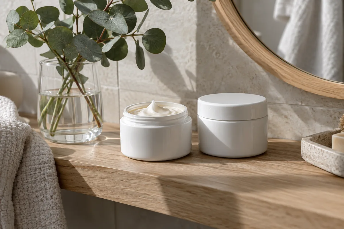 Deux pots de crème en céramique blanche unie, l&rsquo;un ouvert montrant une texture riche, sur une étagère de salle de bain