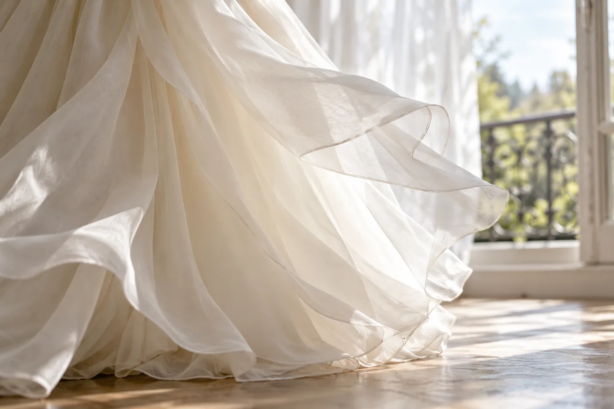 Drapé d&rsquo;une jupe de robe de mariée en mousseline ivoire soulevé par un courant d&rsquo;air près d&rsquo;une fenêtre ouverte