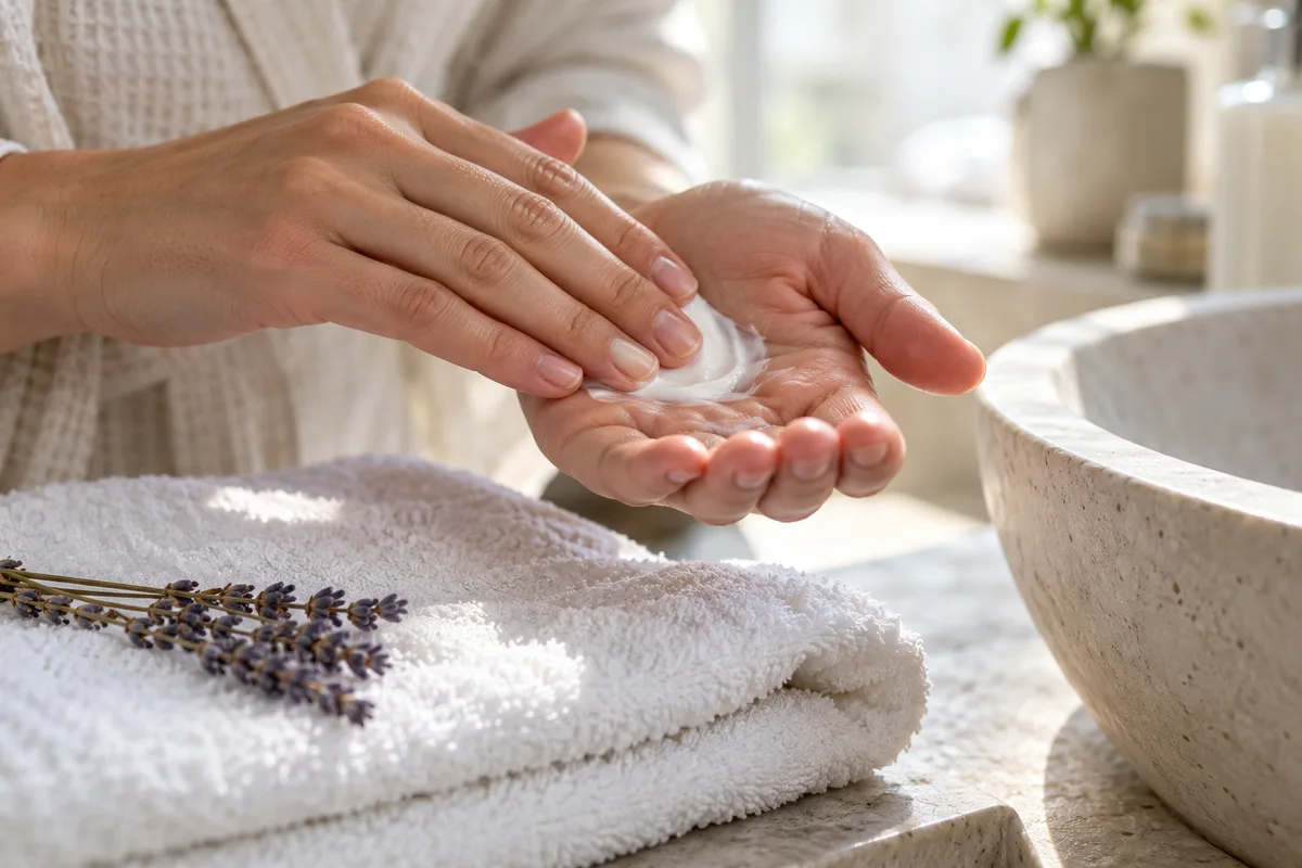 Mains jointes qui réchauffent une noisette de crème hydratante blanche au-dessus d&rsquo;une serviette éponge pliée