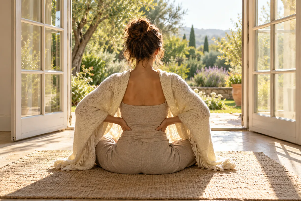 Femme vue de dos assise en tailleur sur un tapis de lin face à un jardin, mains posées sur les côtes