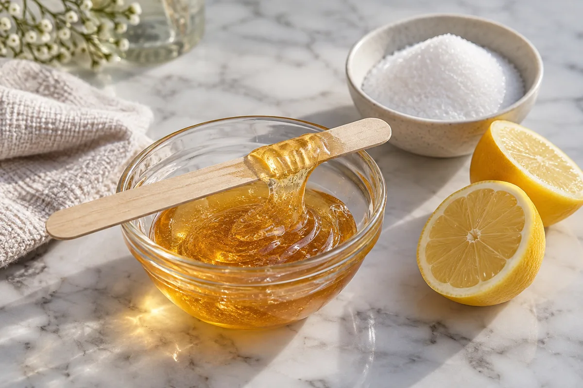 Pâte à sucre dorée et translucide dans un petit bol en verre, spatule en bois et citron coupé en deux sur un plan de travail en marbre