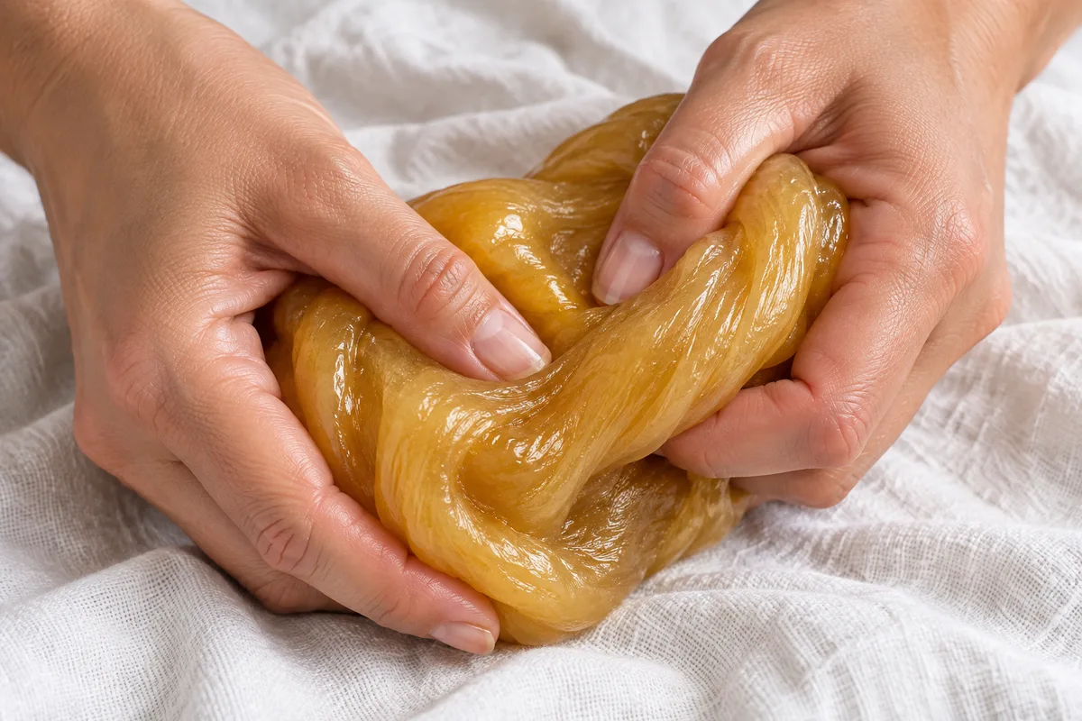Mains pétrissant une boule de pâte à sucre dorée au-dessus d’un linge de coton blanc