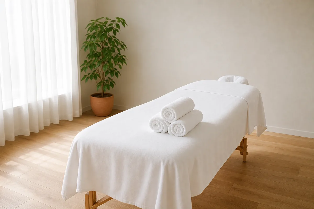 Cabine de soin épurée avec table de traitement recouverte de linge blanc, plante verte et lumière douce