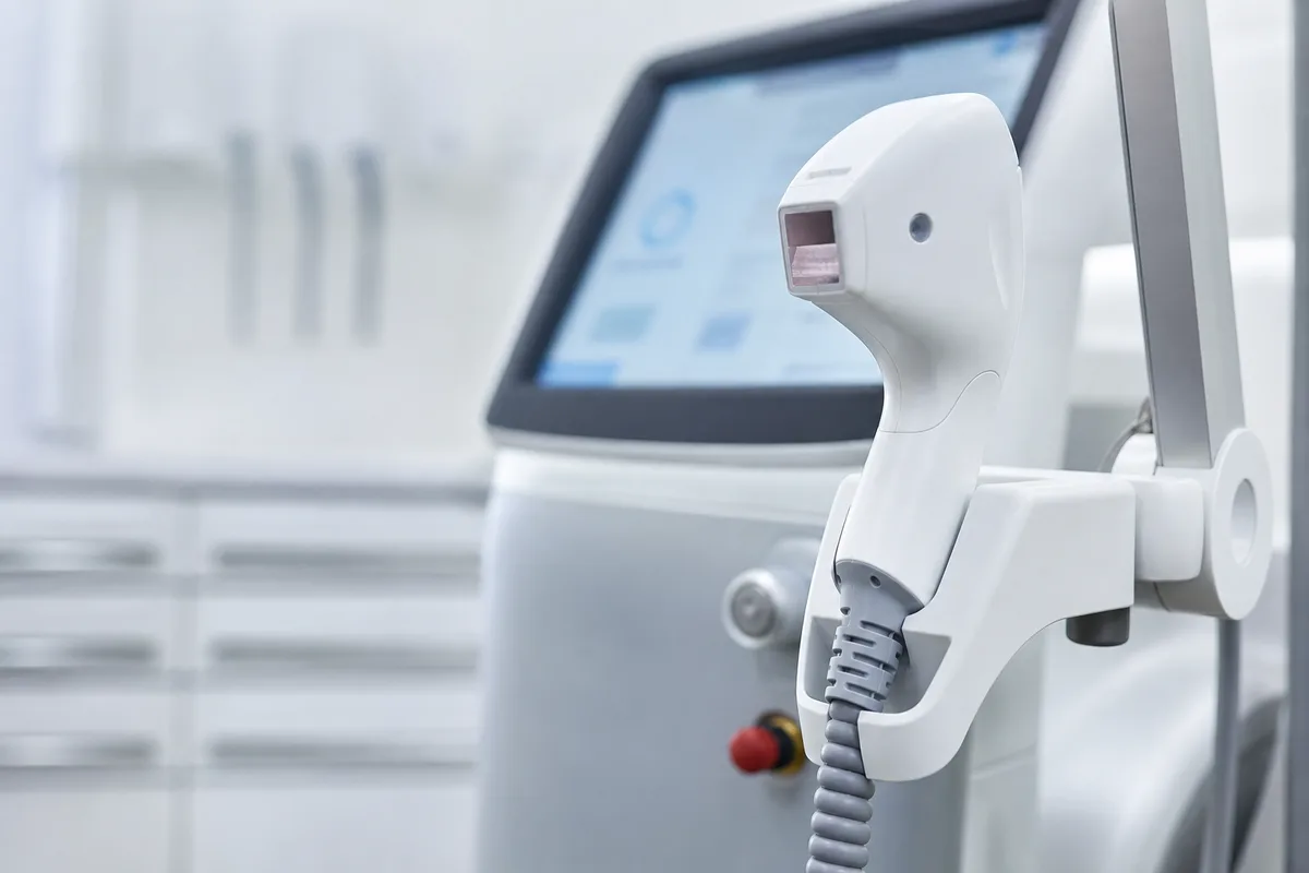 Appareil laser epilatoire medical sur bras articule dans un cabinet clair, ecran de reglages flou en arriere-plan