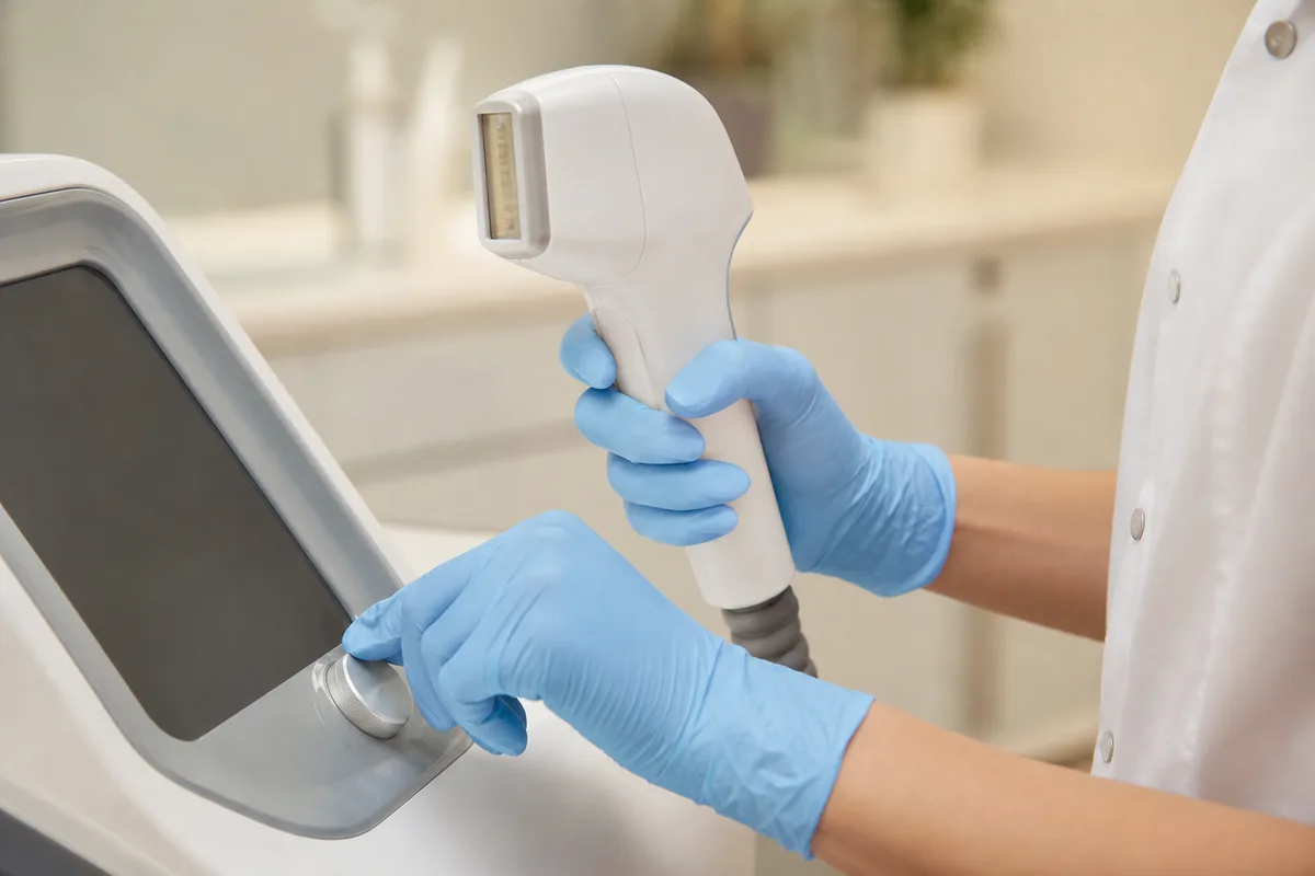 Mains gantees d une praticienne reglant un appareil d epilation laser, plan rapproche, cabinet de soin lumineux