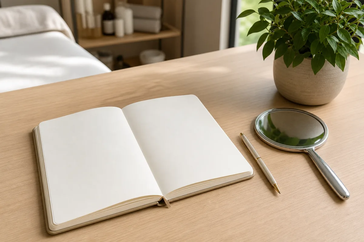 Carnet de suivi et petit miroir poses sur une table claire pres d une plante verte, ambiance institut de beaute