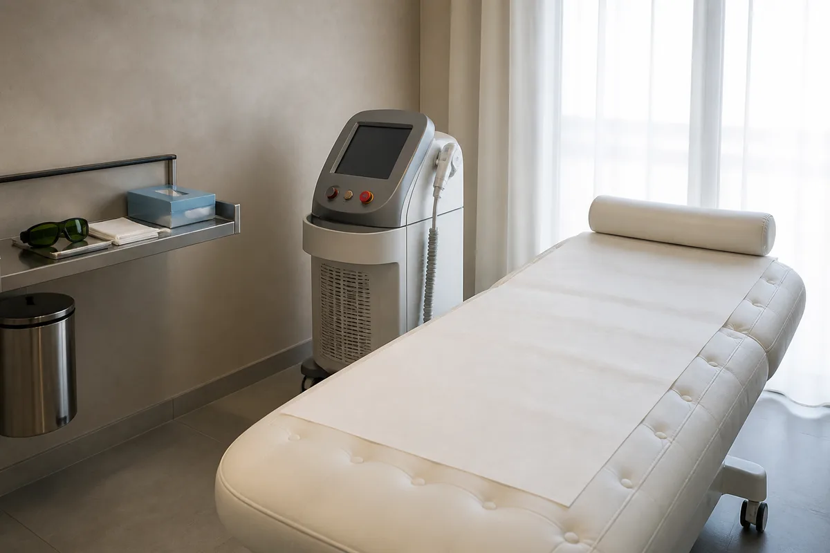 Salle de soins esthetique lumineuse, appareil laser sur bras articule, table capitonnee blanche, lunettes de protection posees sur un plateau metal
