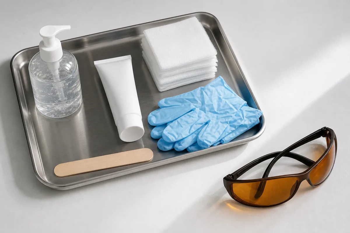 Detail de materiel de soin esthetique sur plateau, gel refroidissant, compresses, gants nitrile, ambiance clinique feutree, lumiere naturelle laterale