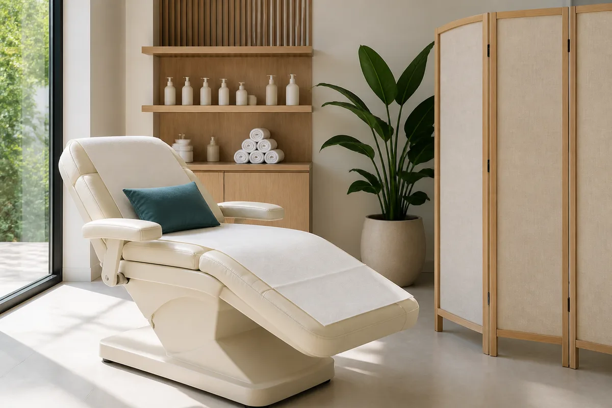 Cabinet esthetique moderne au calme, fauteuil de soin incline, paravent en lin, plante verte et etagere de produits, palette beige et cyan