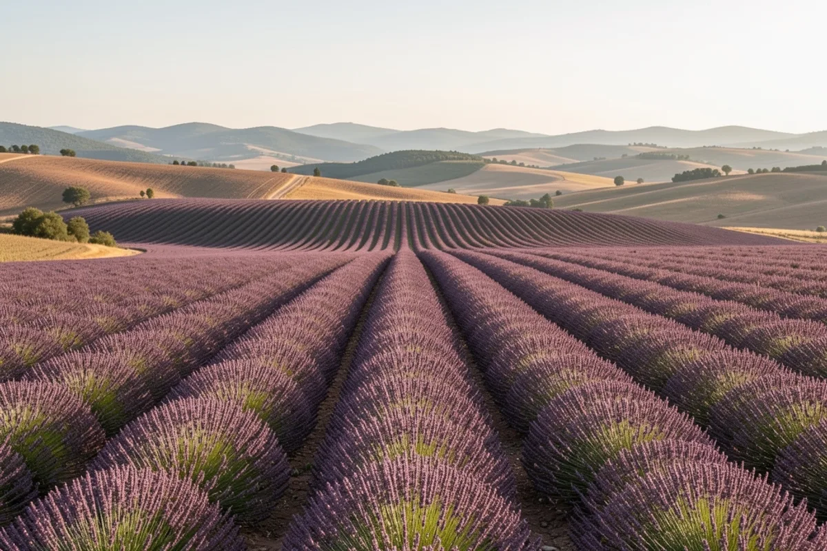 Rangs de lavande en fleur sur un plateau vallonné au petit matin sous un ciel dégagé