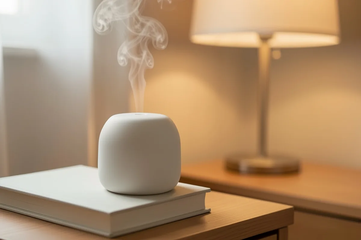 Diffuseur en céramique blanche libérant une légère vapeur sur une table de chevet avec un livre fermé