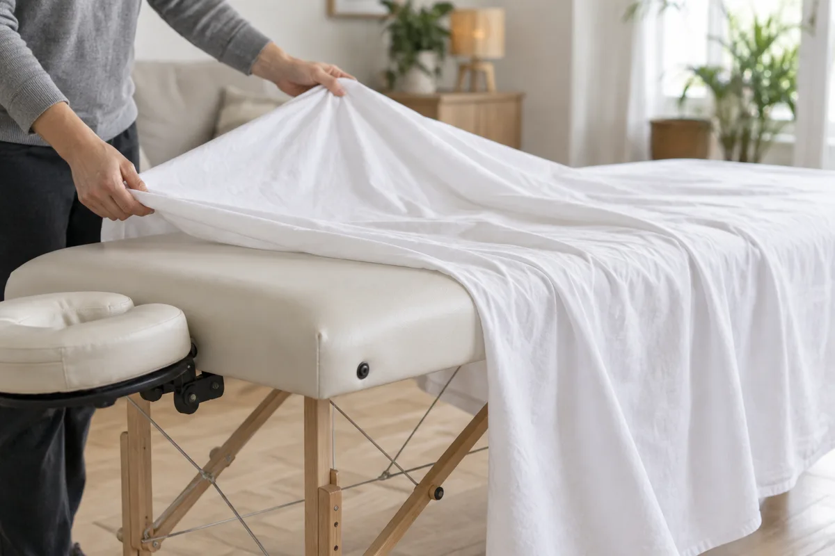 Mains dépliant un drap blanc sur une table de massage dans un salon clair