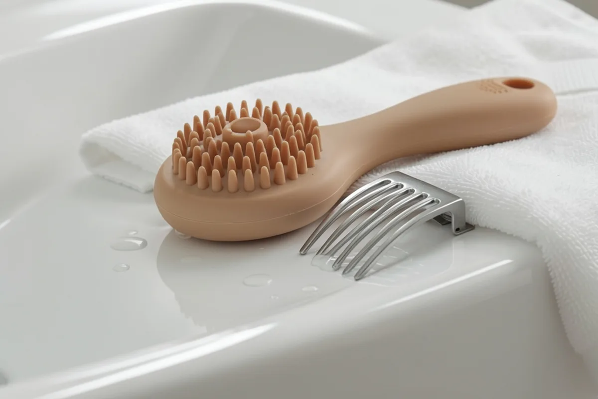 Brosse massante en silicone souple et griffe de massage en métal posées sur une serviette pliée au bord d&rsquo;un lavabo