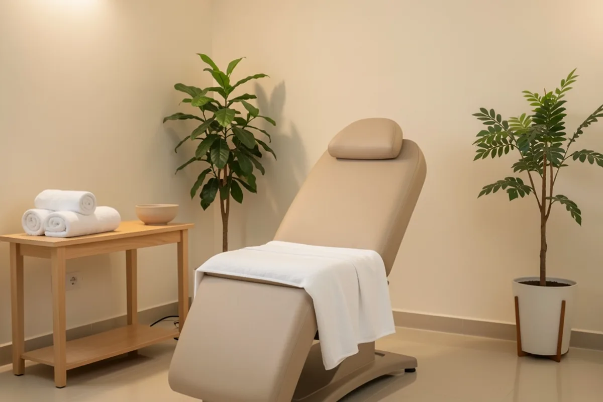 Salle de soin d&rsquo;institut vue de trois quarts, fauteuil incliné vide avec repose-tête, serviettes roulées et plante verte dans une lumière tamisée