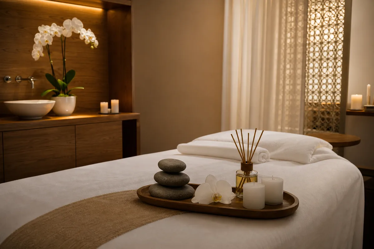 Table de massage dans un spa d’hôtel, serviettes pliées, pierres et ambiance zen tamisée