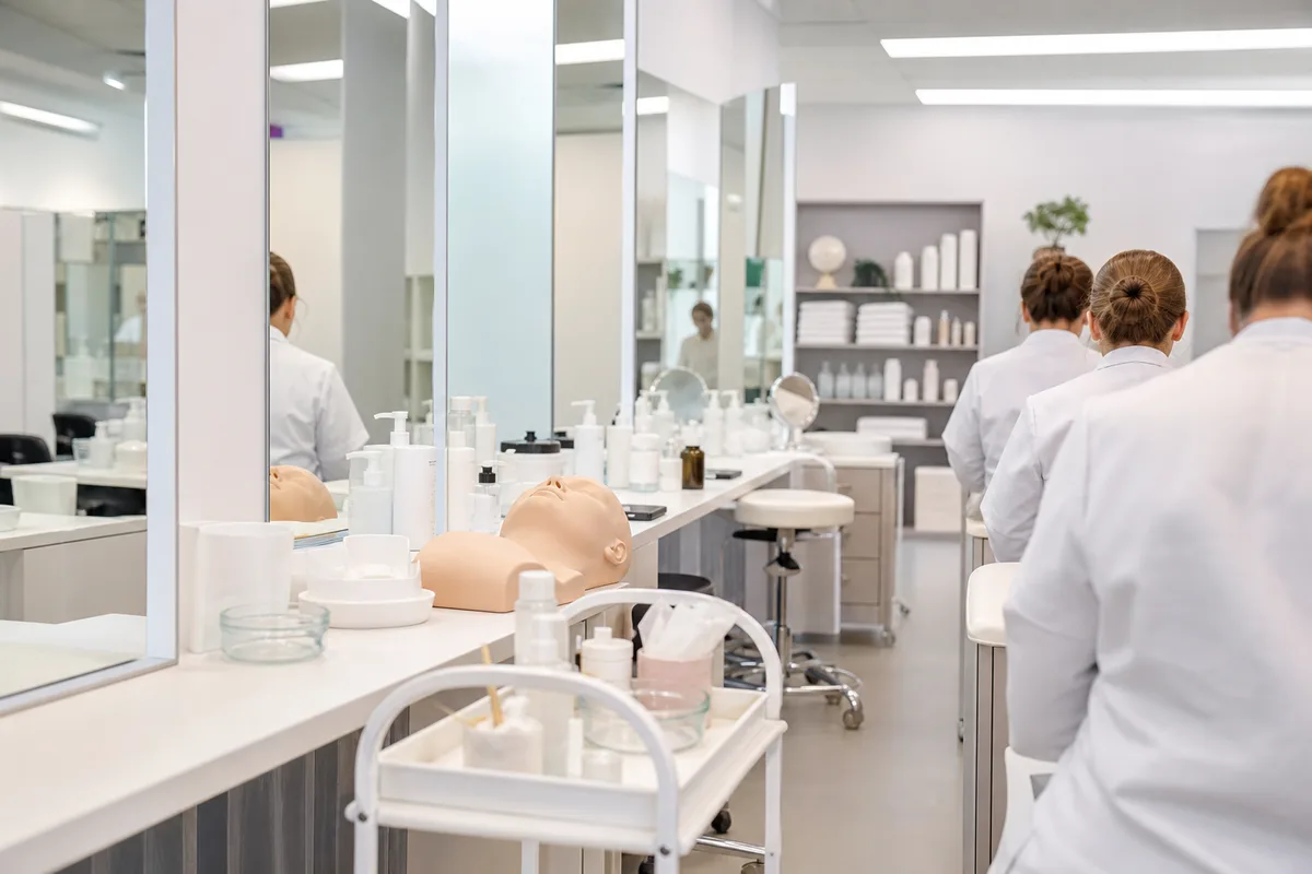 Salle de travaux pratiques en formation esthétique, mannequin de soin et matériel professionnel aligné